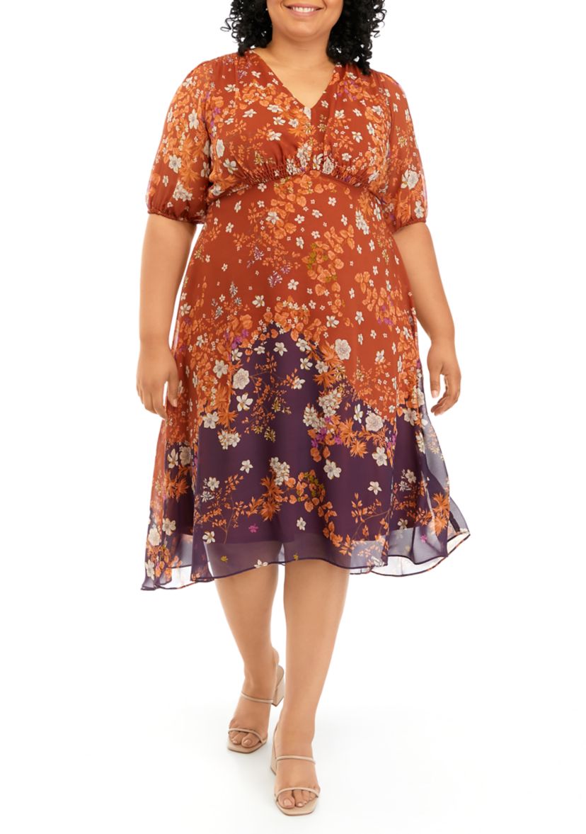 Plus Size Elbow Sleeve Floral Chiffon Dress