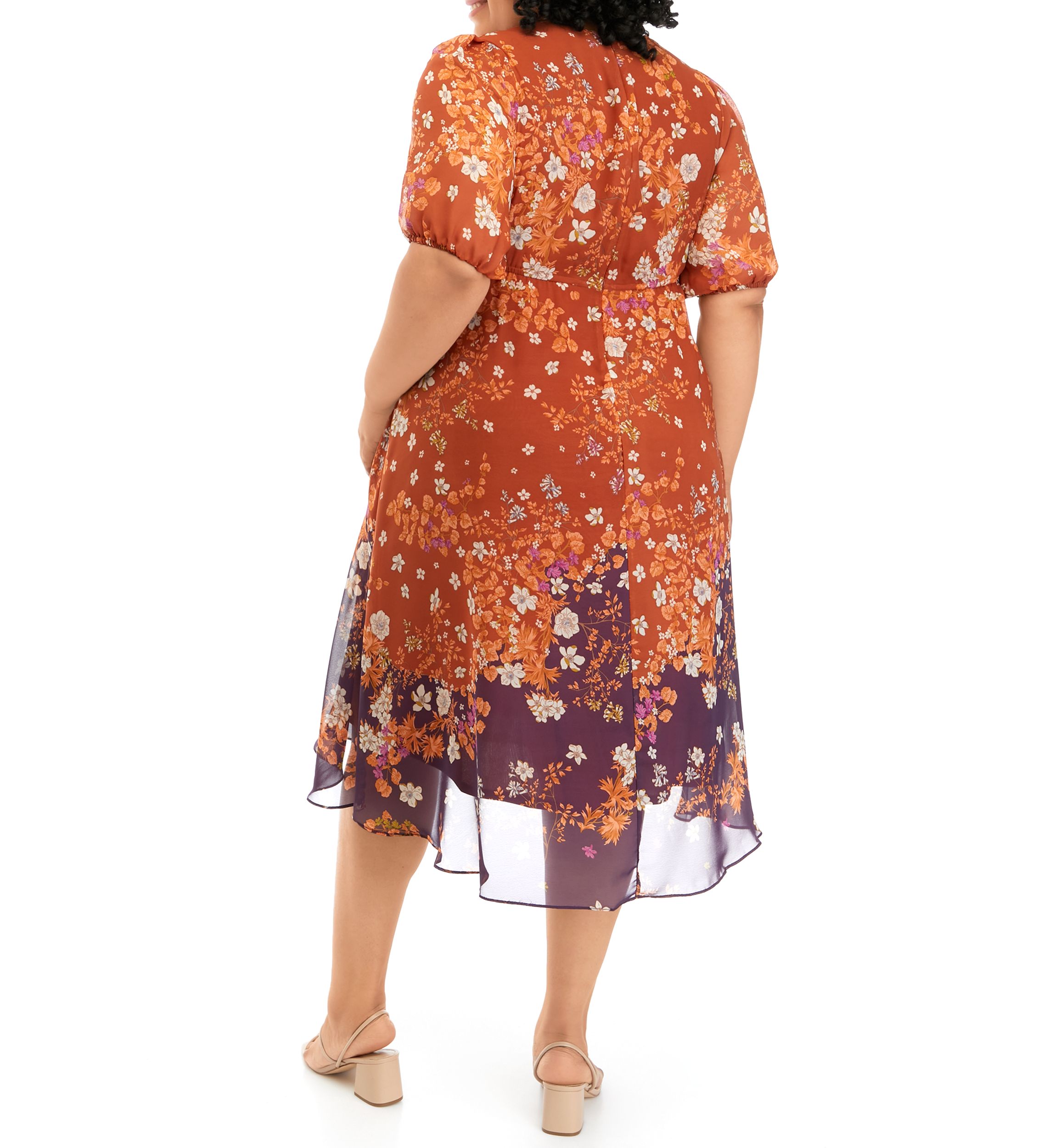 Plus Size Elbow Sleeve Floral Chiffon Dress