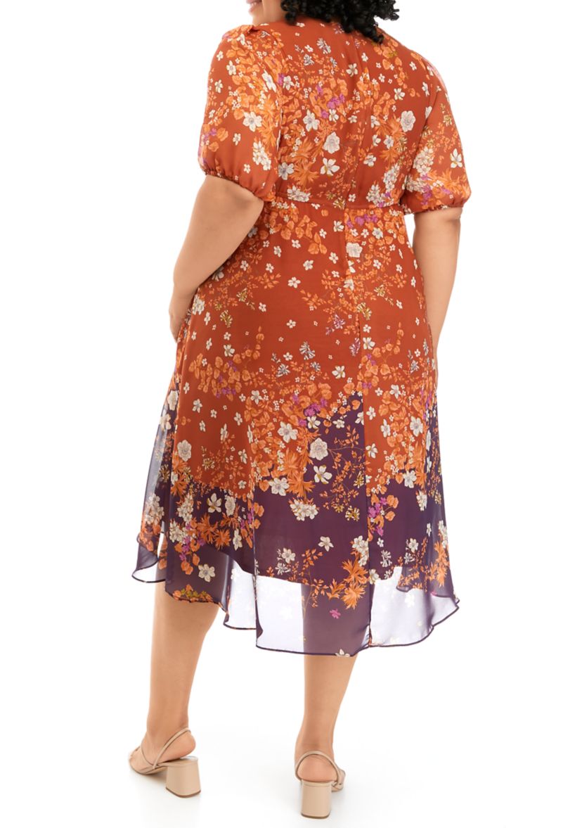 Plus Size Elbow Sleeve Floral Chiffon Dress