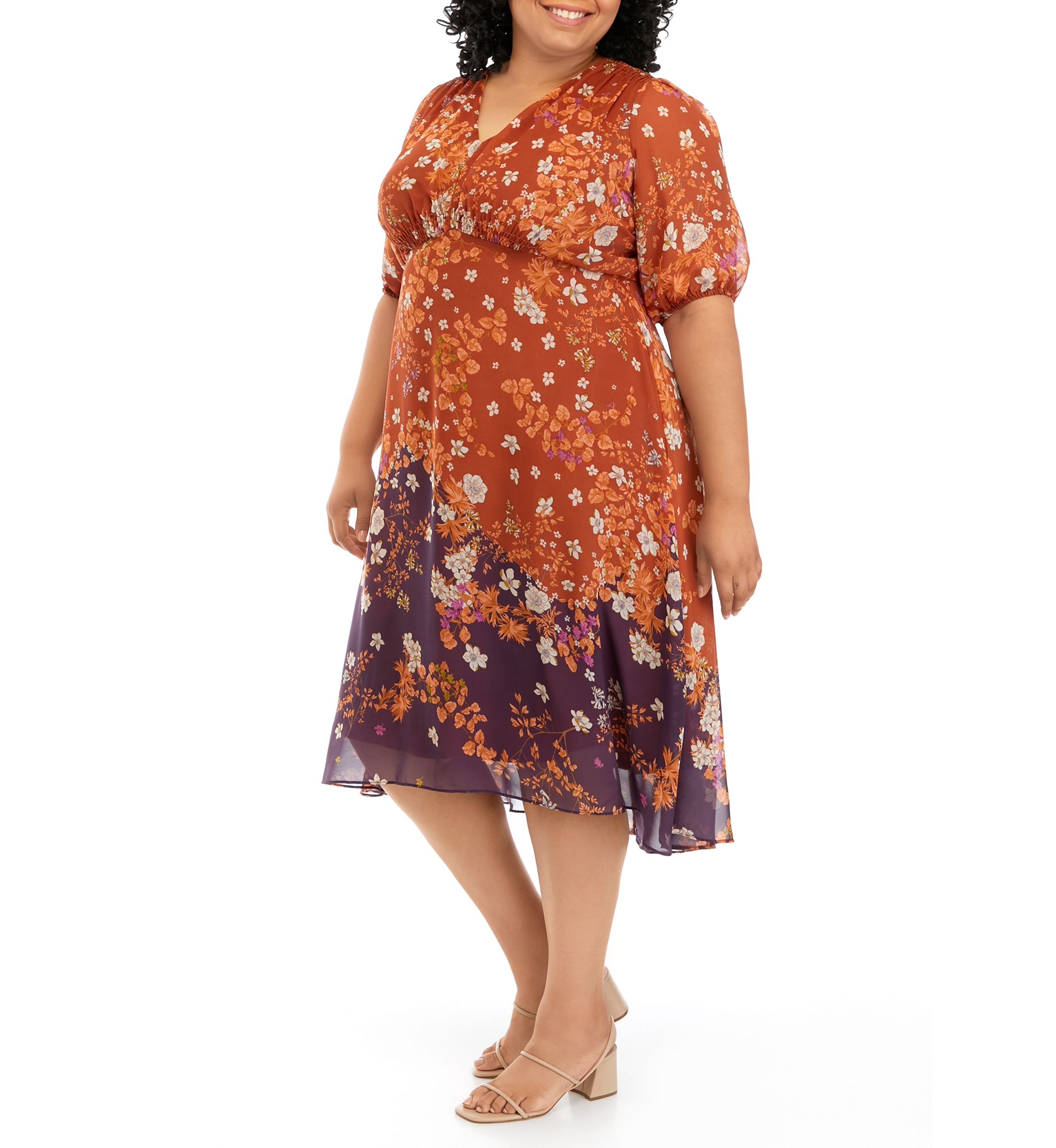 Plus Size Elbow Sleeve Floral Chiffon Dress