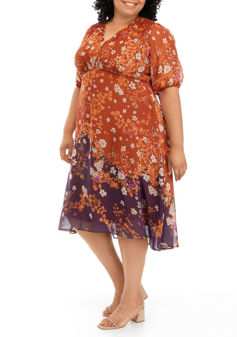 Plus Size Elbow Sleeve Floral Chiffon Dress