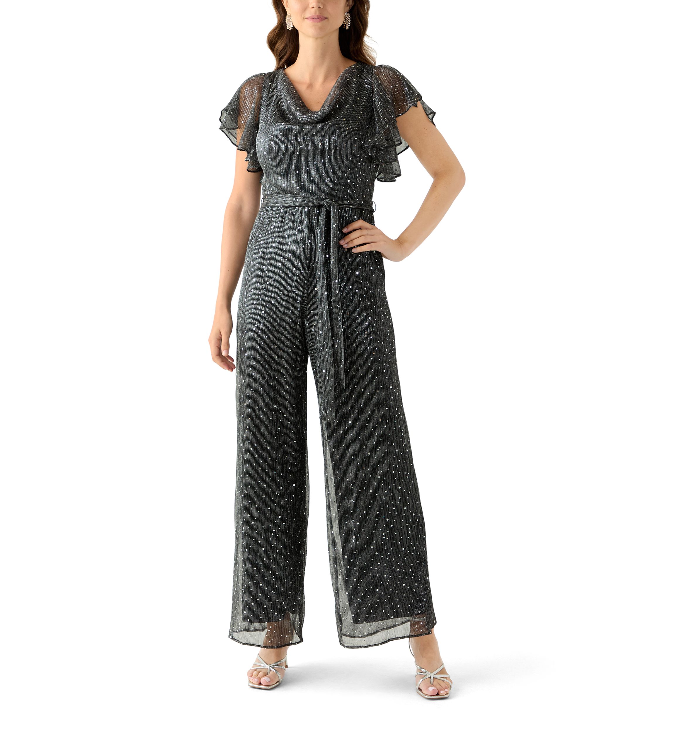 Womens Crew Neck Solid Chiffon Jumpsuit