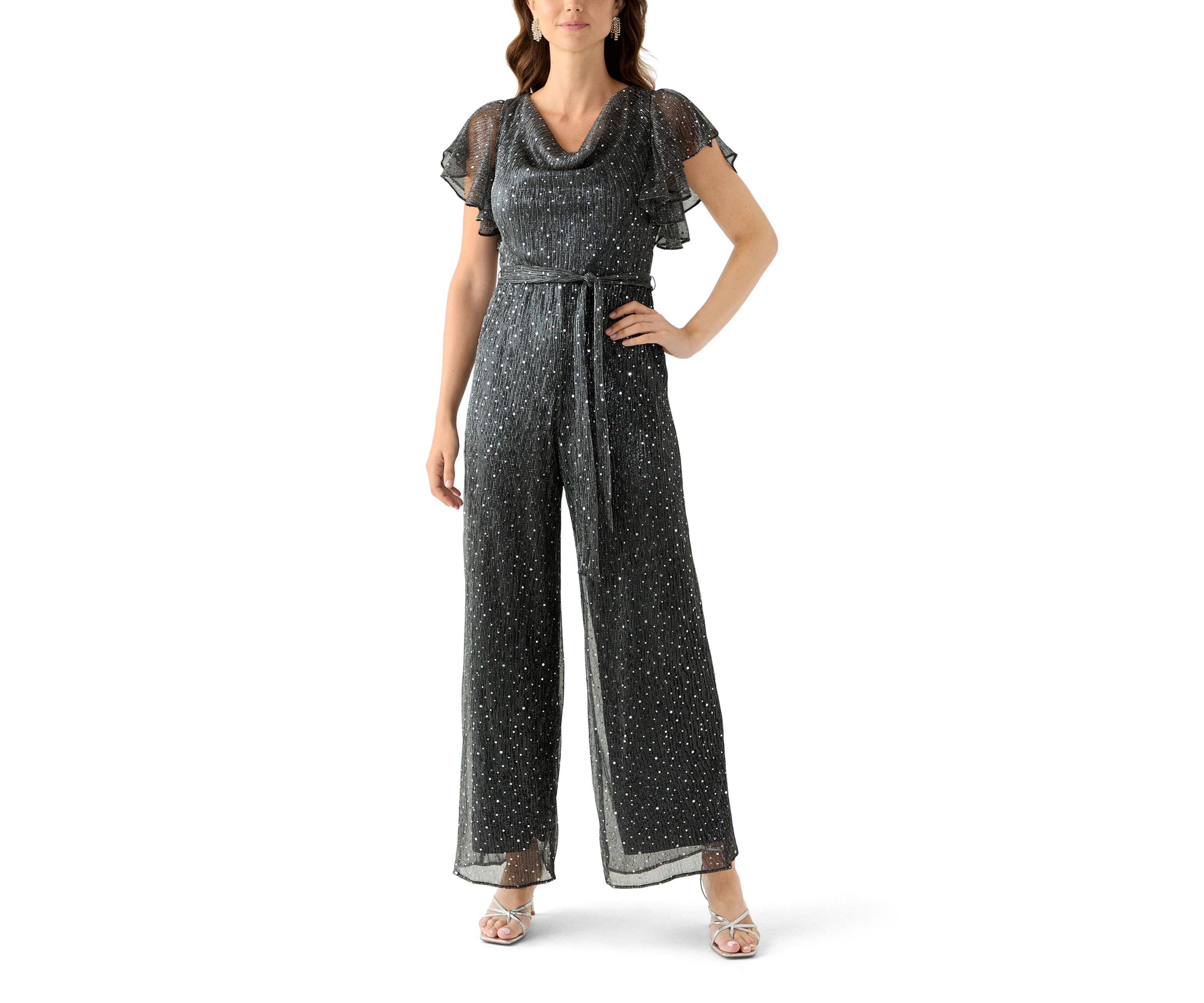 Womens Crew Neck Solid Chiffon Jumpsuit