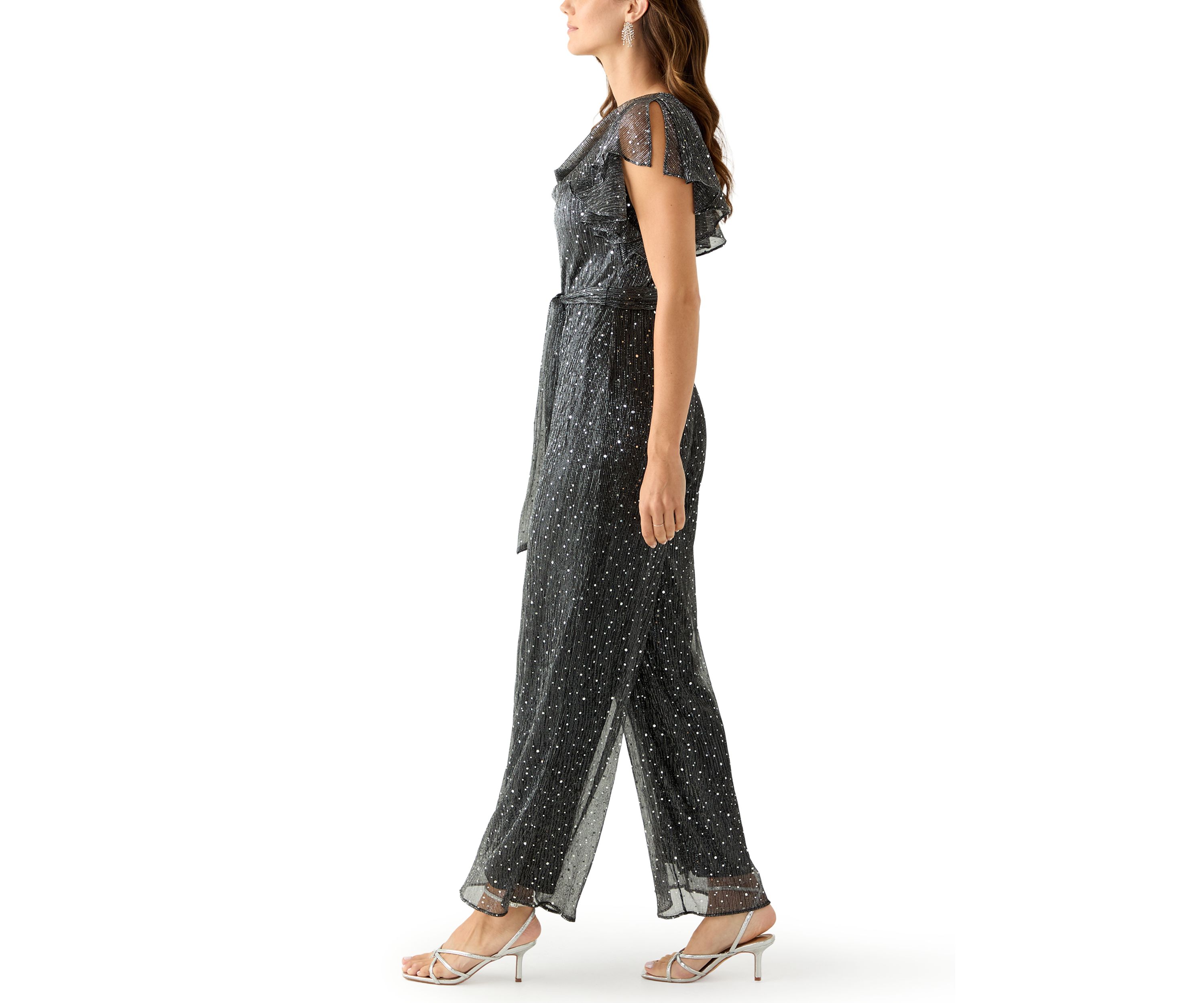 Womens Crew Neck Solid Chiffon Jumpsuit