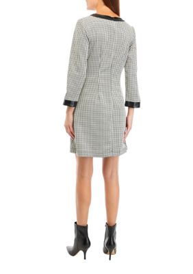 Women's Long Sleeve Houndstooth Sheath Dress with Faux Leather Trim