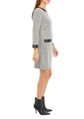 Women's Long Sleeve Houndstooth Sheath Dress with Faux Leather Trim