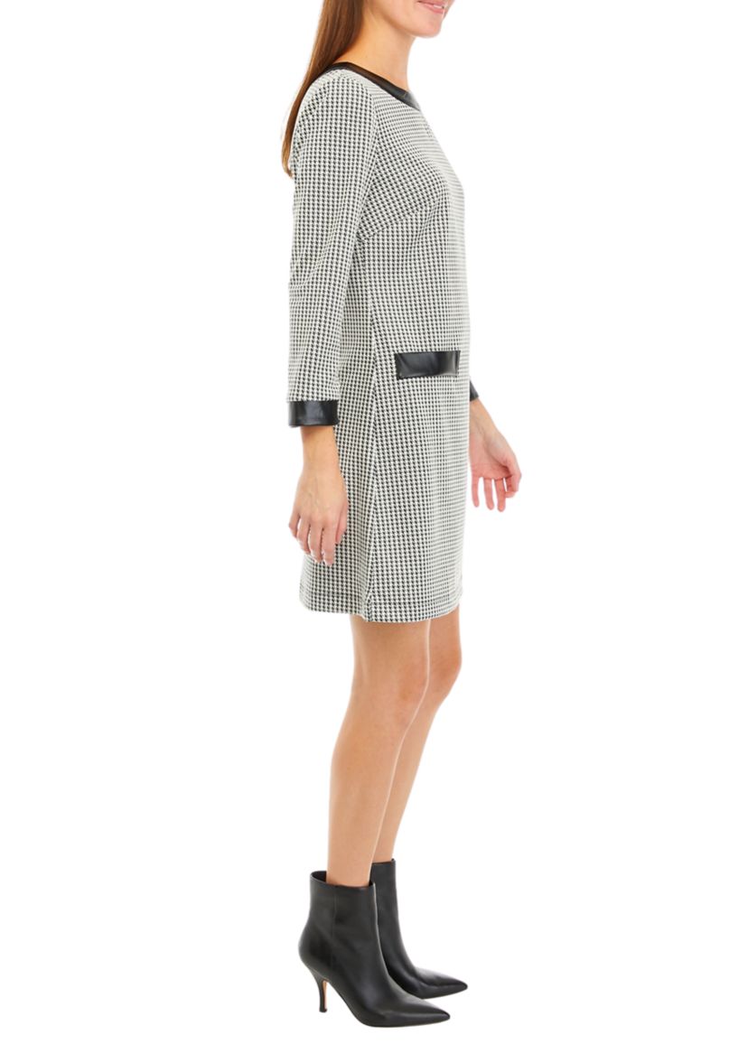 long sleeve houndstooth dress V Neck Belted Bodycon Midi Dress, Black / S check pattern Ladies 34" Houndstooth Quarter-zip Long-sleeve
