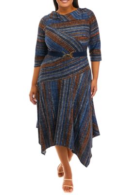 Plus 3/4 Sleeve Stripe Print Mock Neck Fit and Flare Dress