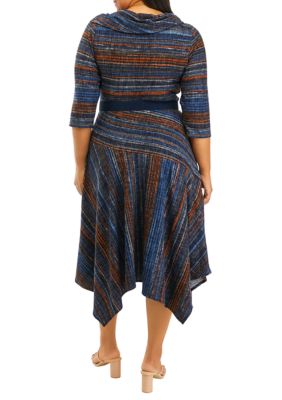 Plus 3/4 Sleeve Stripe Print Mock Neck Fit and Flare Dress
