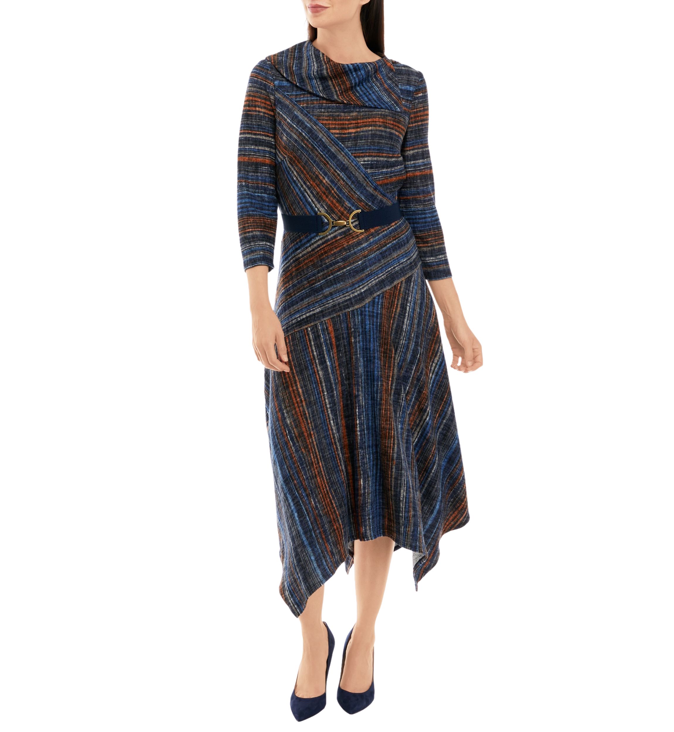 Womens 3/4 Sleeve Stripe Hacci Belted Midi Fit and Flare Dress