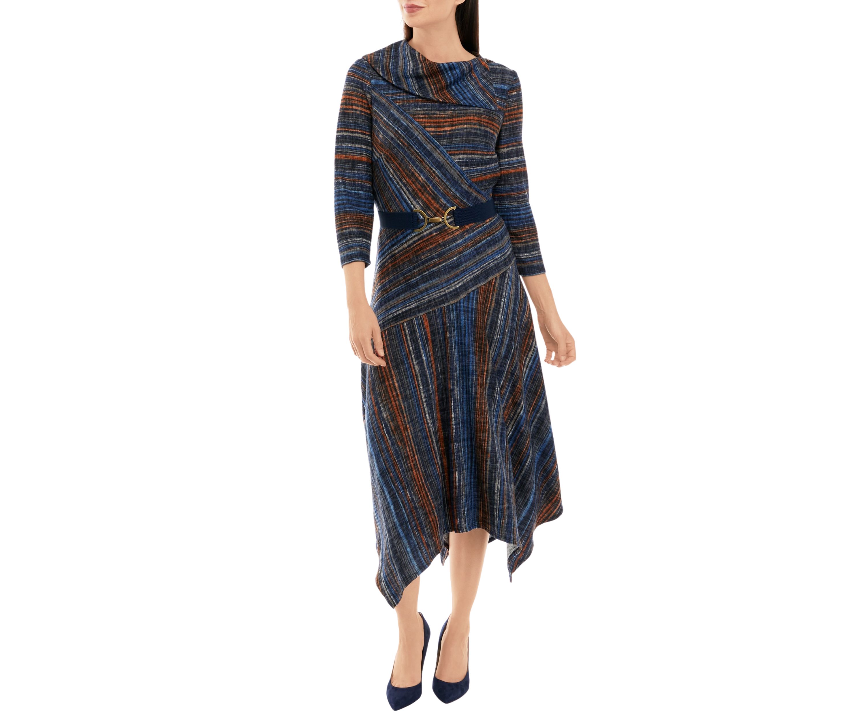 Womens 3/4 Sleeve Stripe Hacci Belted Midi Fit and Flare Dress