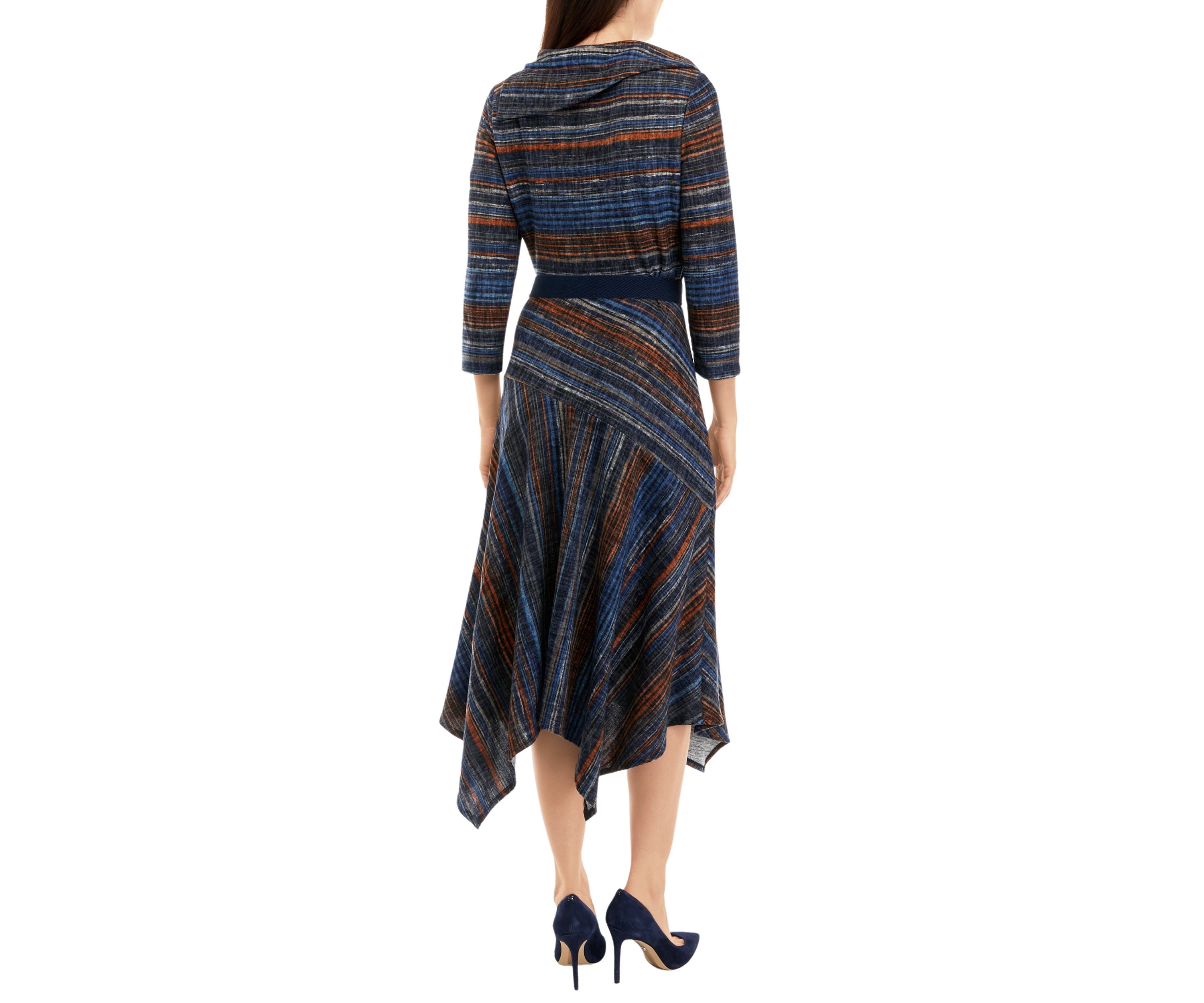 Womens 3/4 Sleeve Stripe Hacci Belted Midi Fit and Flare Dress