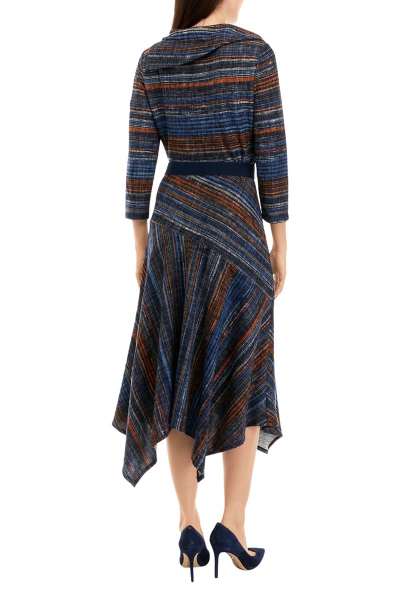 Womens 3/4 Sleeve Stripe Hacci Belted Midi Fit and Flare Dress