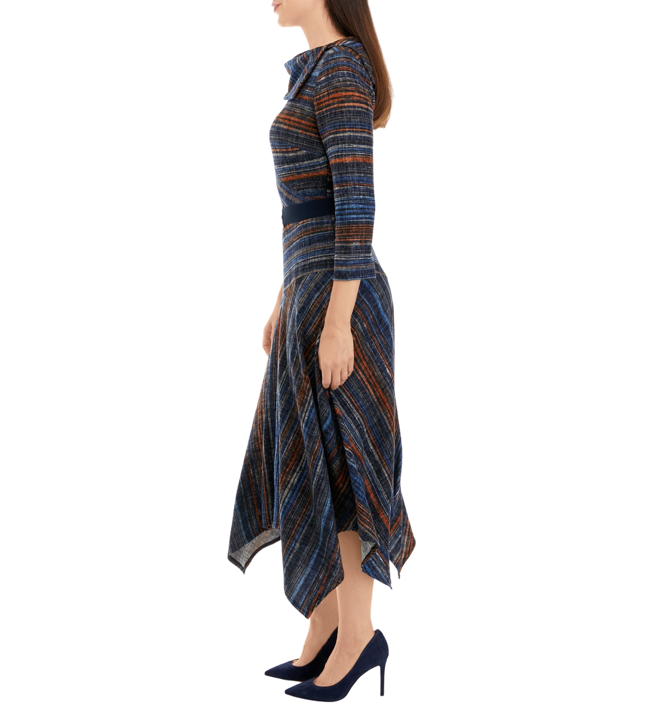 Womens 3/4 Sleeve Stripe Hacci Belted Midi Fit and Flare Dress