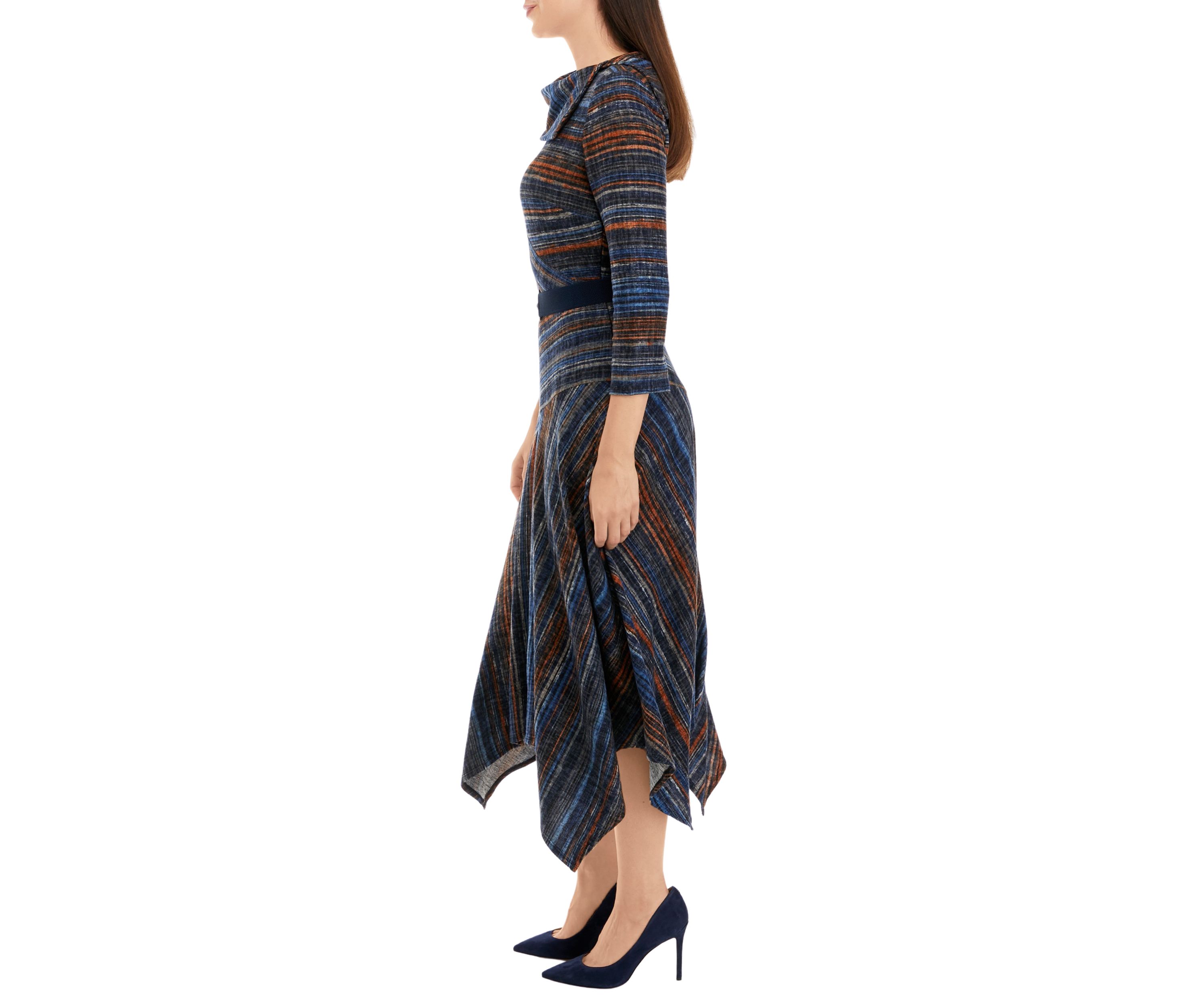Womens 3/4 Sleeve Stripe Hacci Belted Midi Fit and Flare Dress