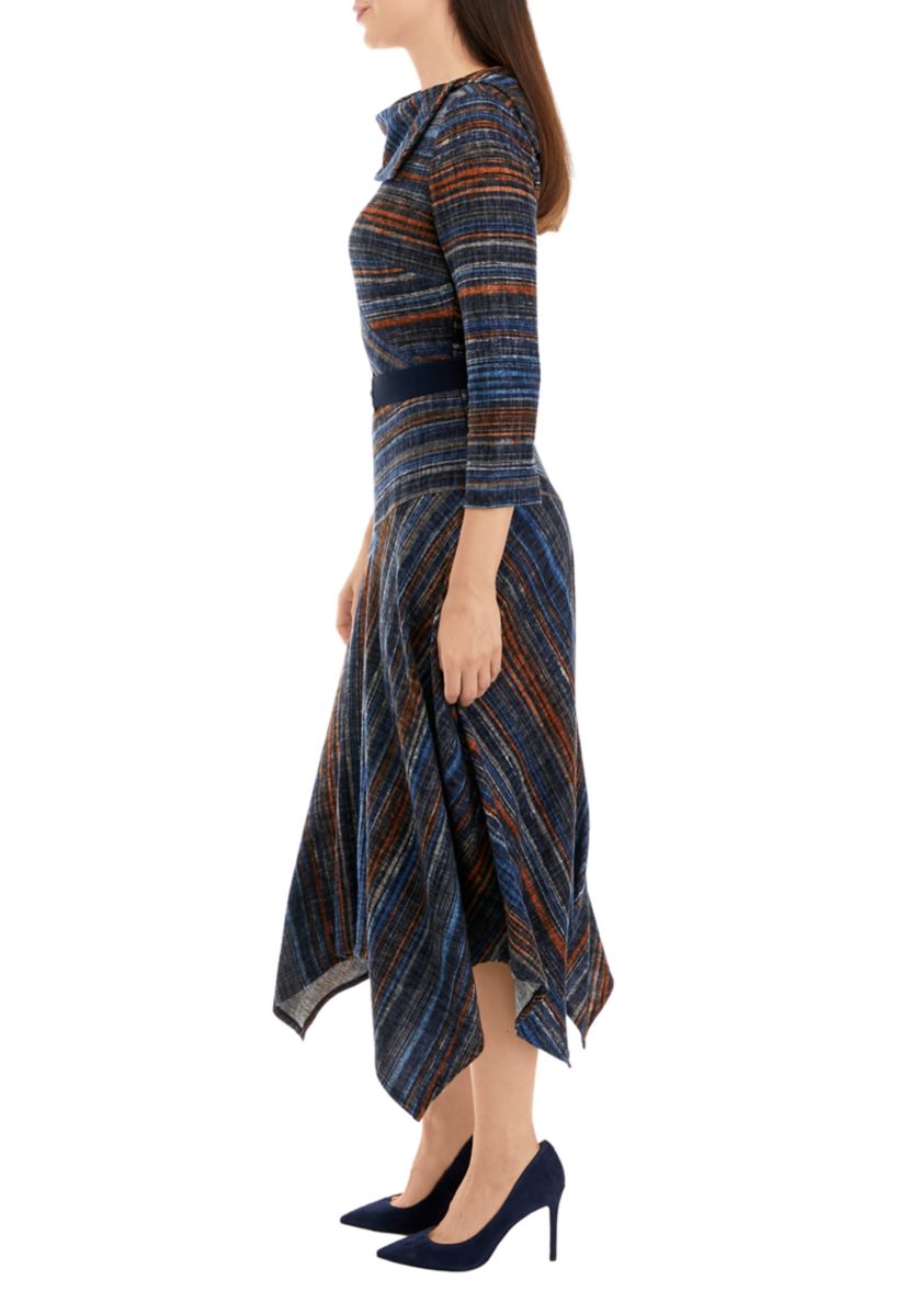 Womens 3/4 Sleeve Stripe Hacci Belted Midi Fit and Flare Dress