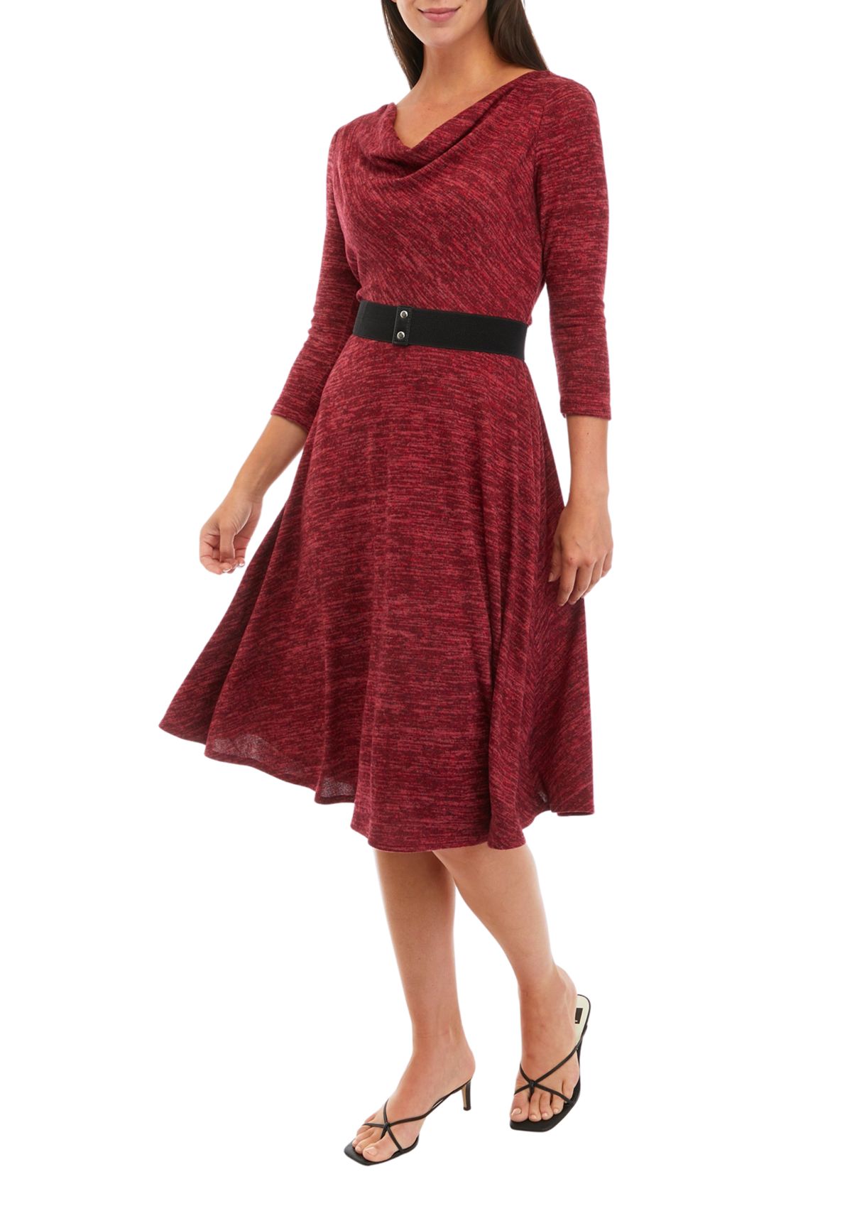 Womens 3/4 Sleeve Solid Cozy Belted Dress