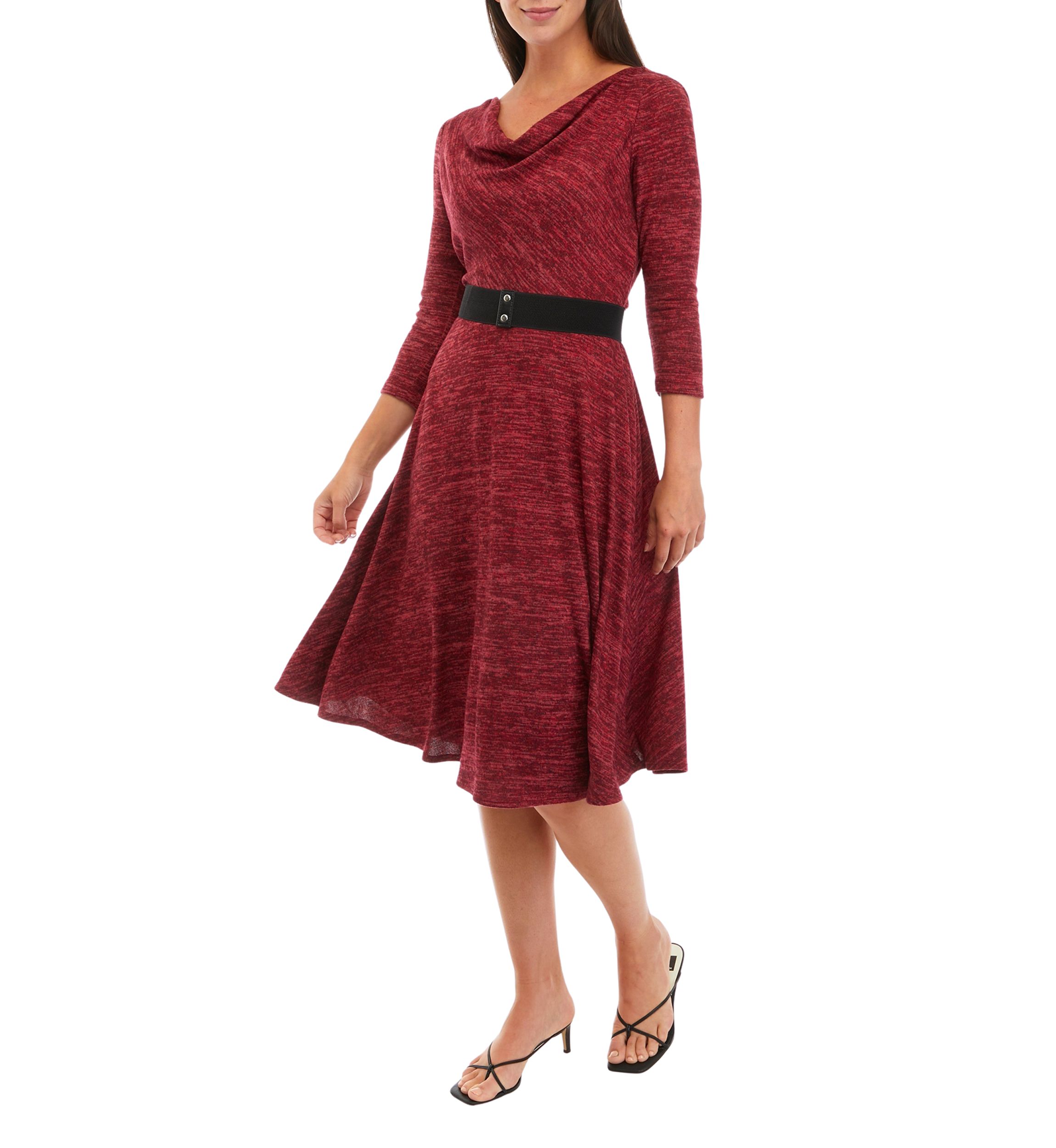 Womens 3/4 Sleeve Solid Cozy Belted Dress