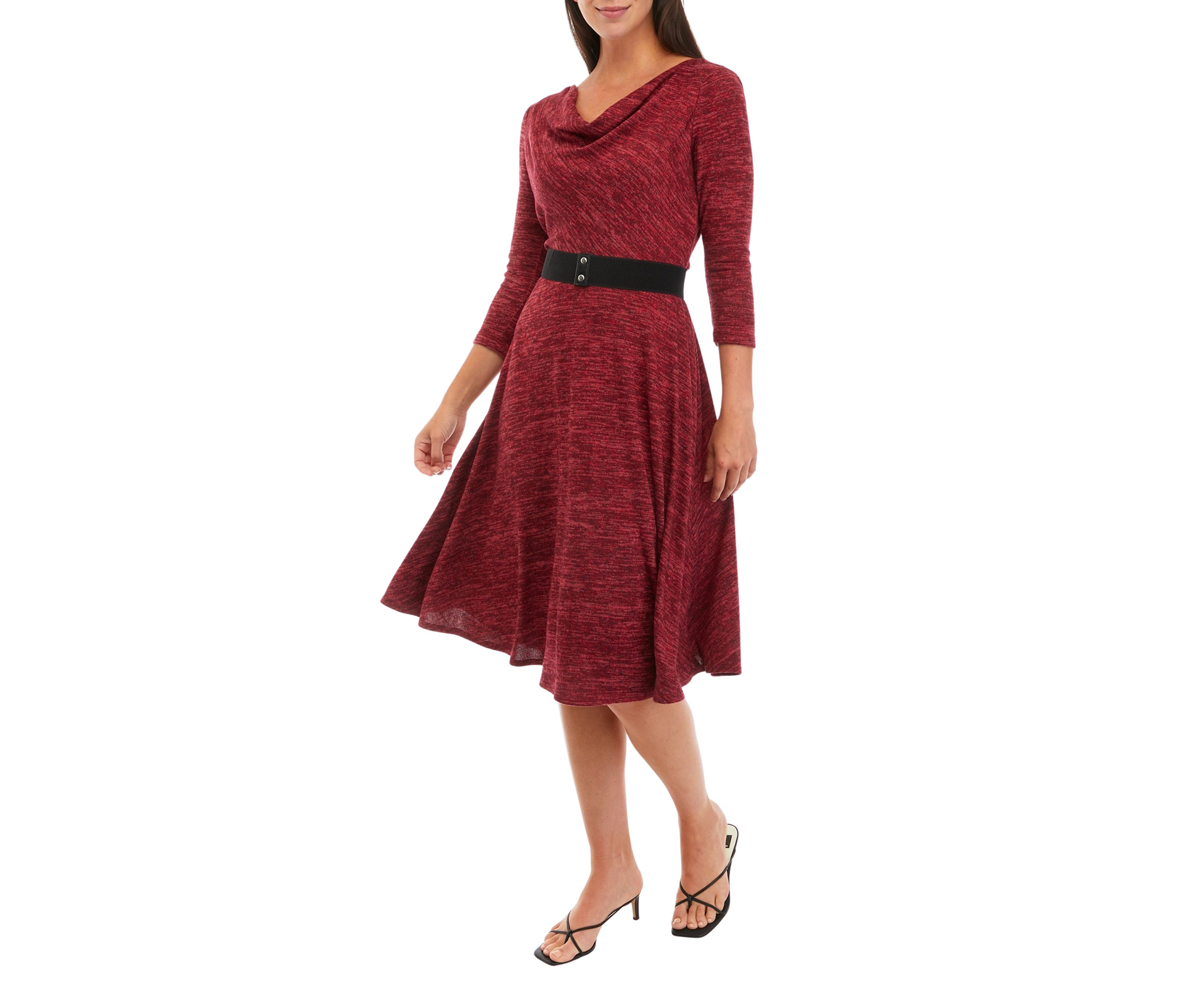 Womens 3/4 Sleeve Solid Cozy Belted Dress