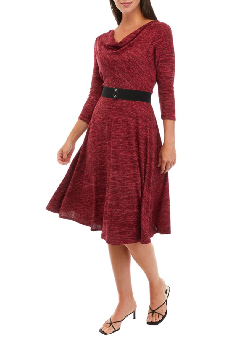 Womens 3/4 Sleeve Solid Cozy Belted Dress