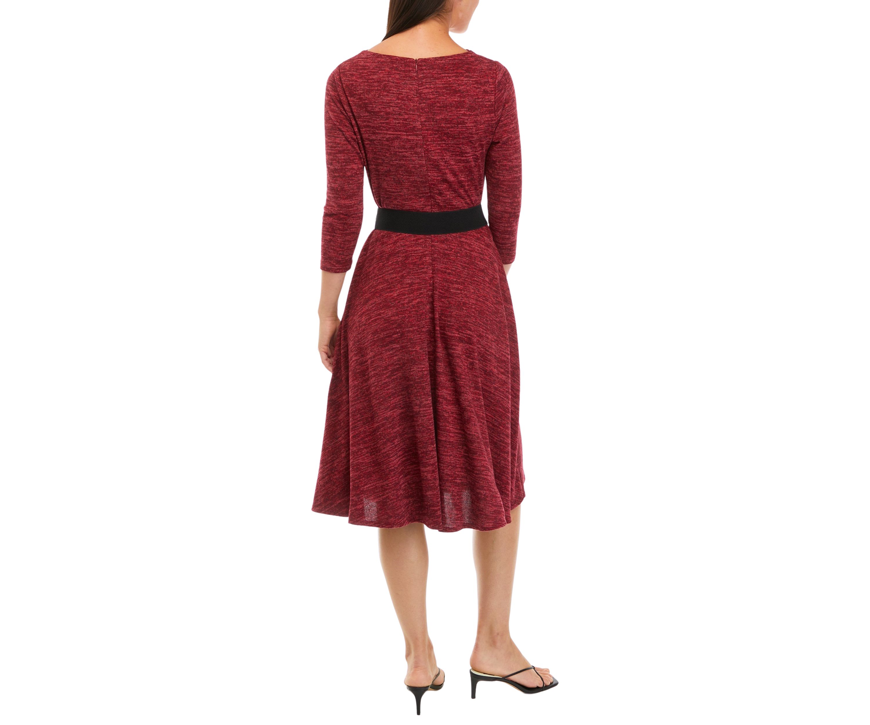 Womens 3/4 Sleeve Solid Cozy Belted Dress
