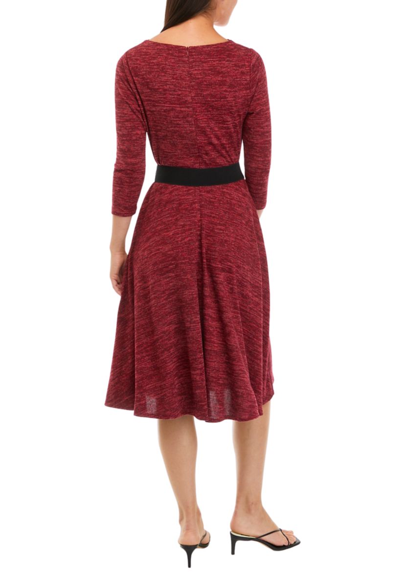 Womens 3/4 Sleeve Solid Cozy Belted Dress