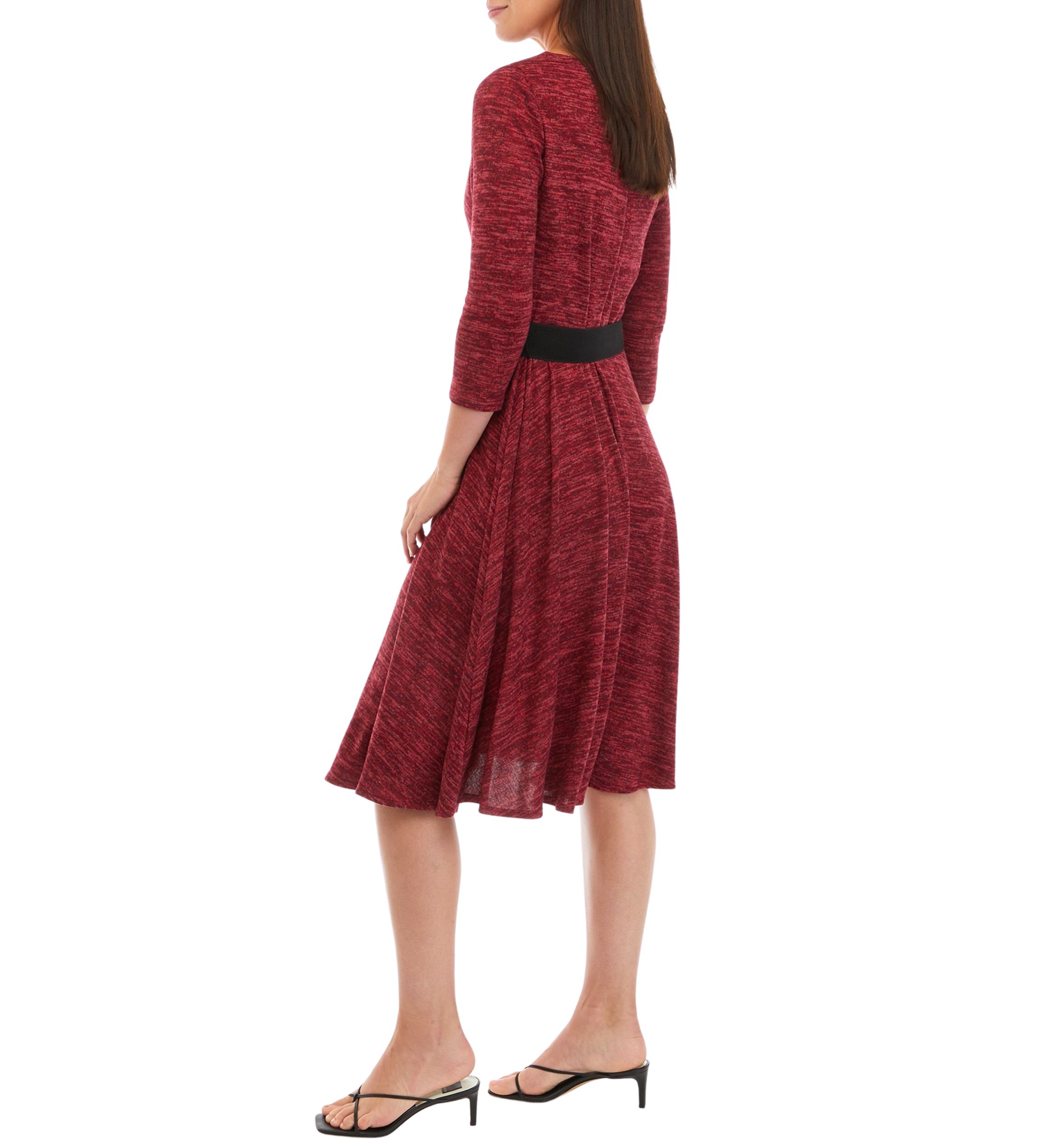 Womens 3/4 Sleeve Solid Cozy Belted Dress