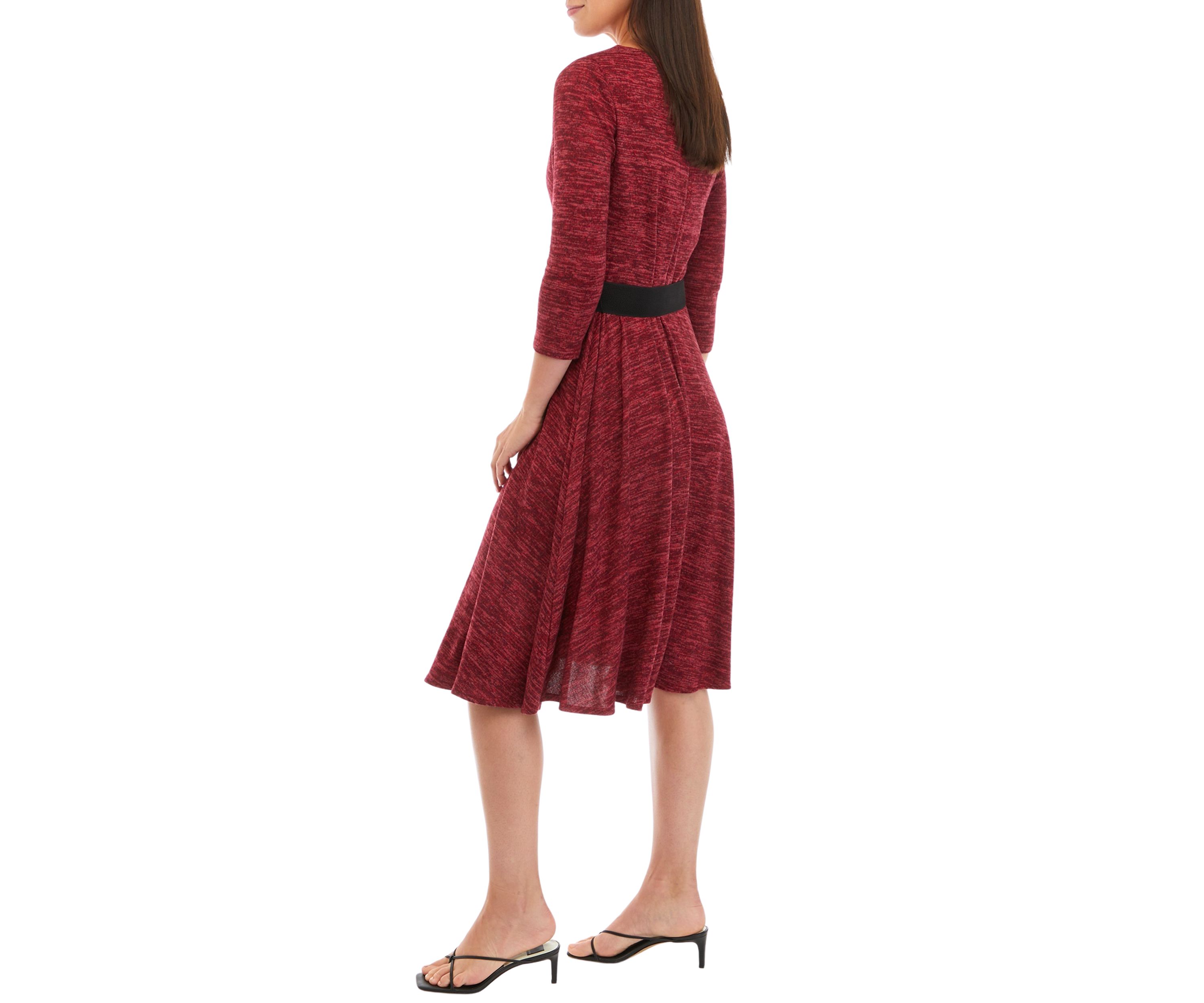 Womens 3/4 Sleeve Solid Cozy Belted Dress