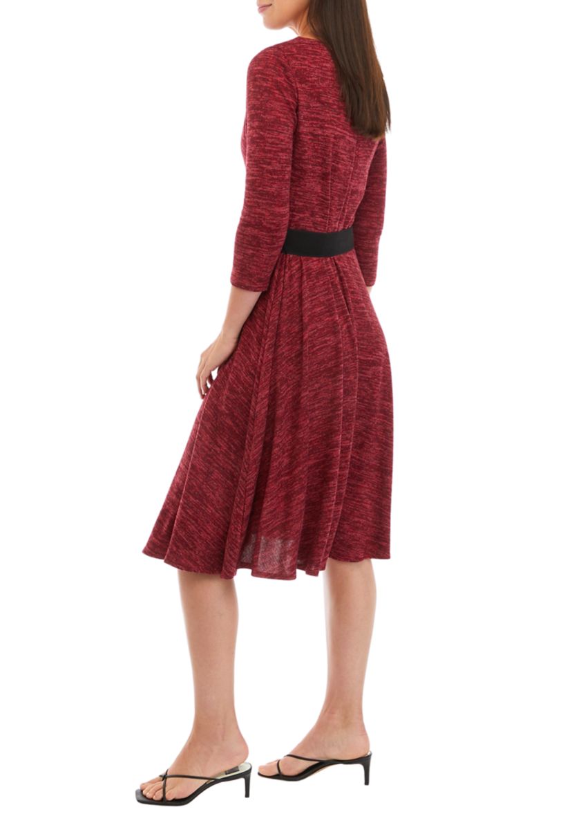 Womens 3/4 Sleeve Solid Cozy Belted Dress