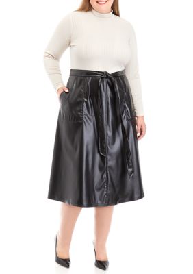 Plus Woven Top to Faux Leather Skirt Dress