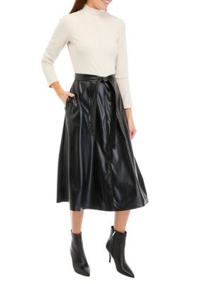 Womens Long Sleeve Knit Faux Leather Dress