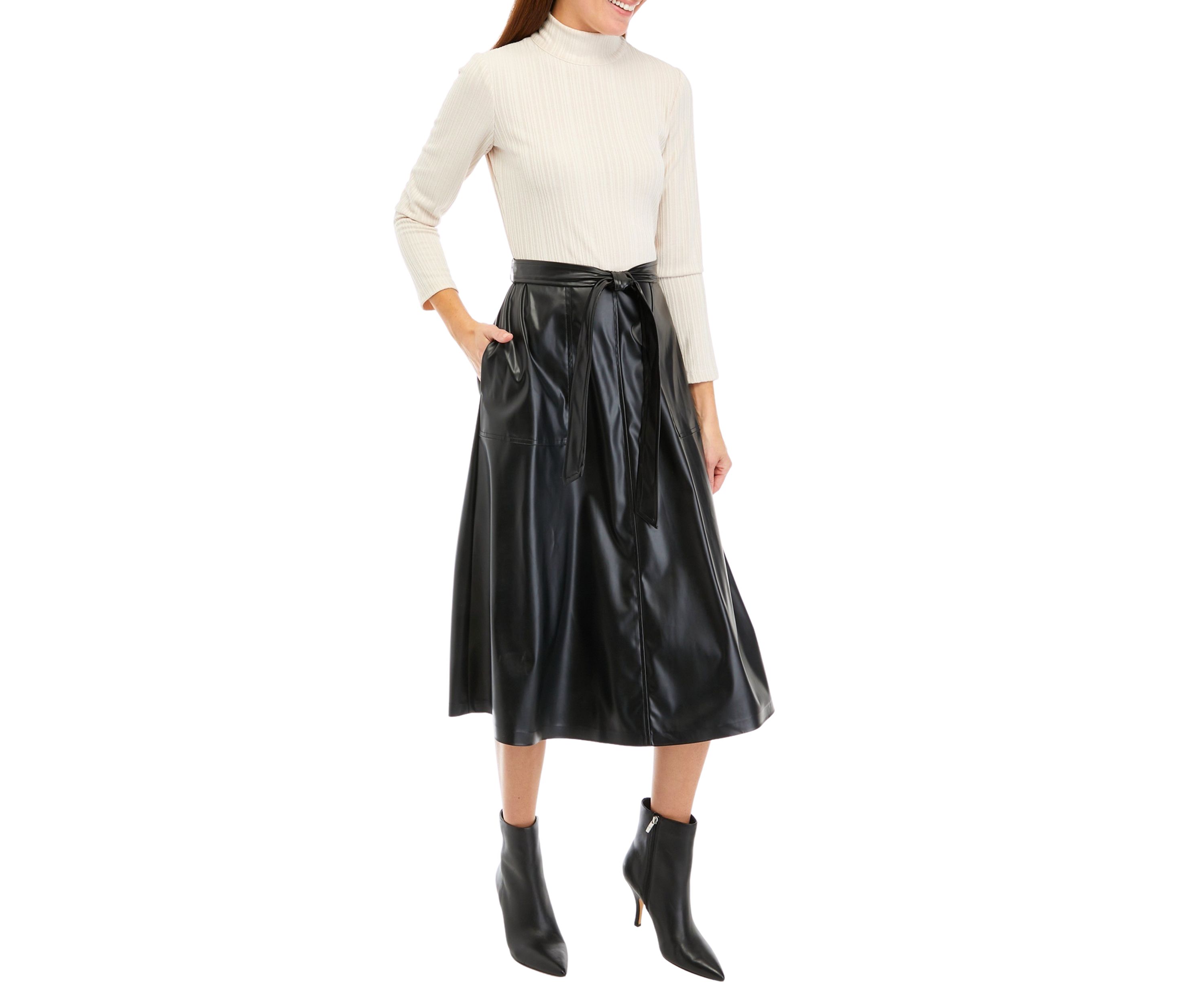 Womens Long Sleeve Knit Faux Leather Dress