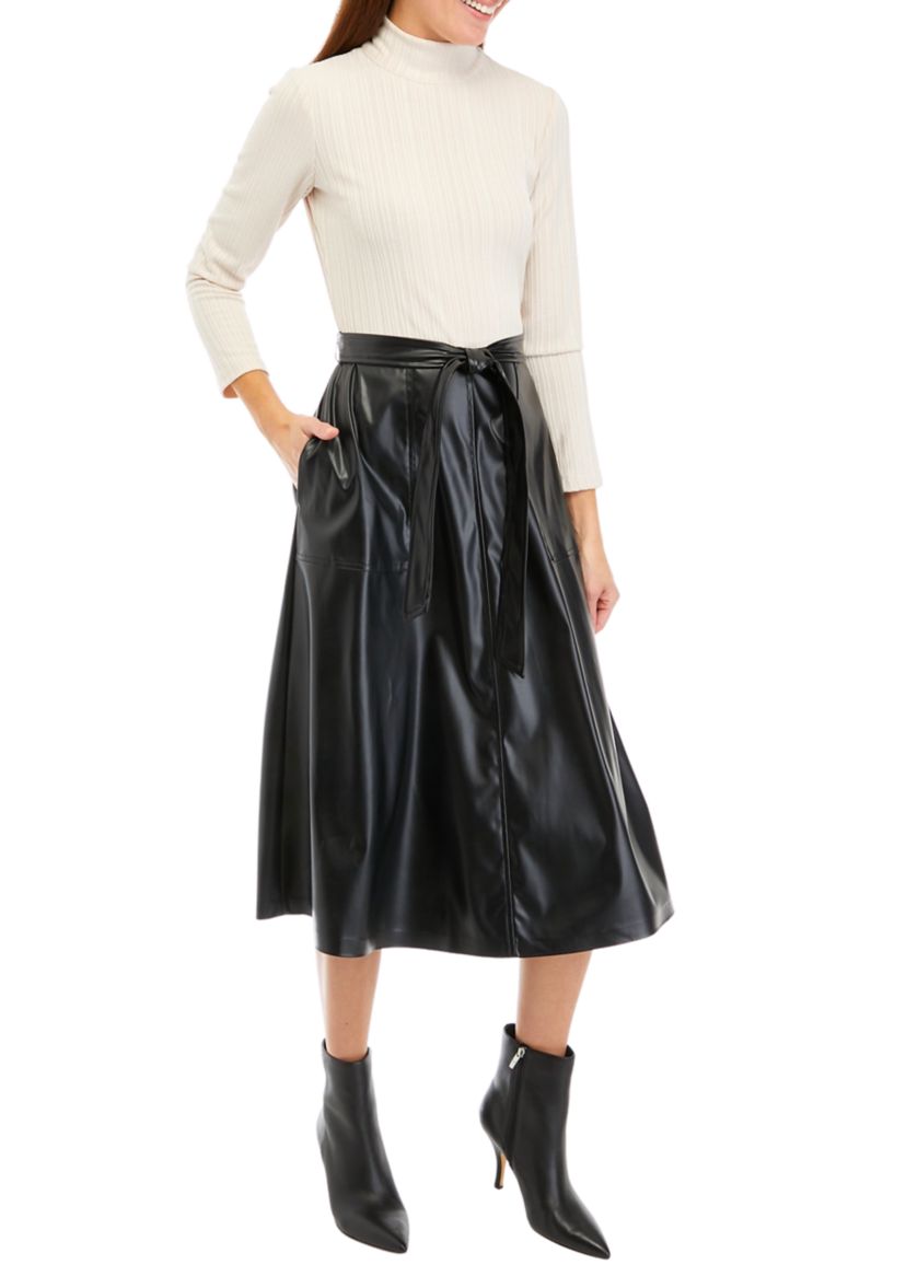 Womens Long Sleeve Knit Faux Leather Dress