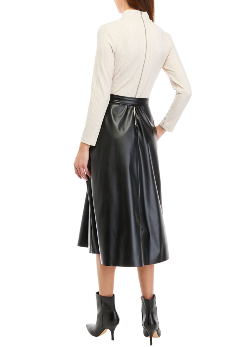 Womens Long Sleeve Knit Faux Leather Dress