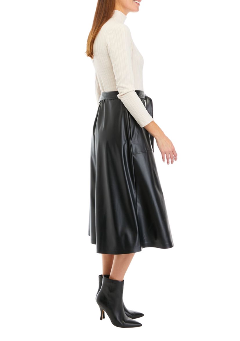 Womens Long Sleeve Knit Faux Leather Dress