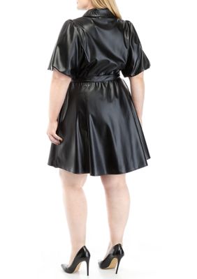 Plus Puff Sleeve Faux Leather Dress