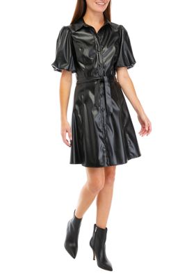 Women's Puff Sleeve Faux Leather Dress