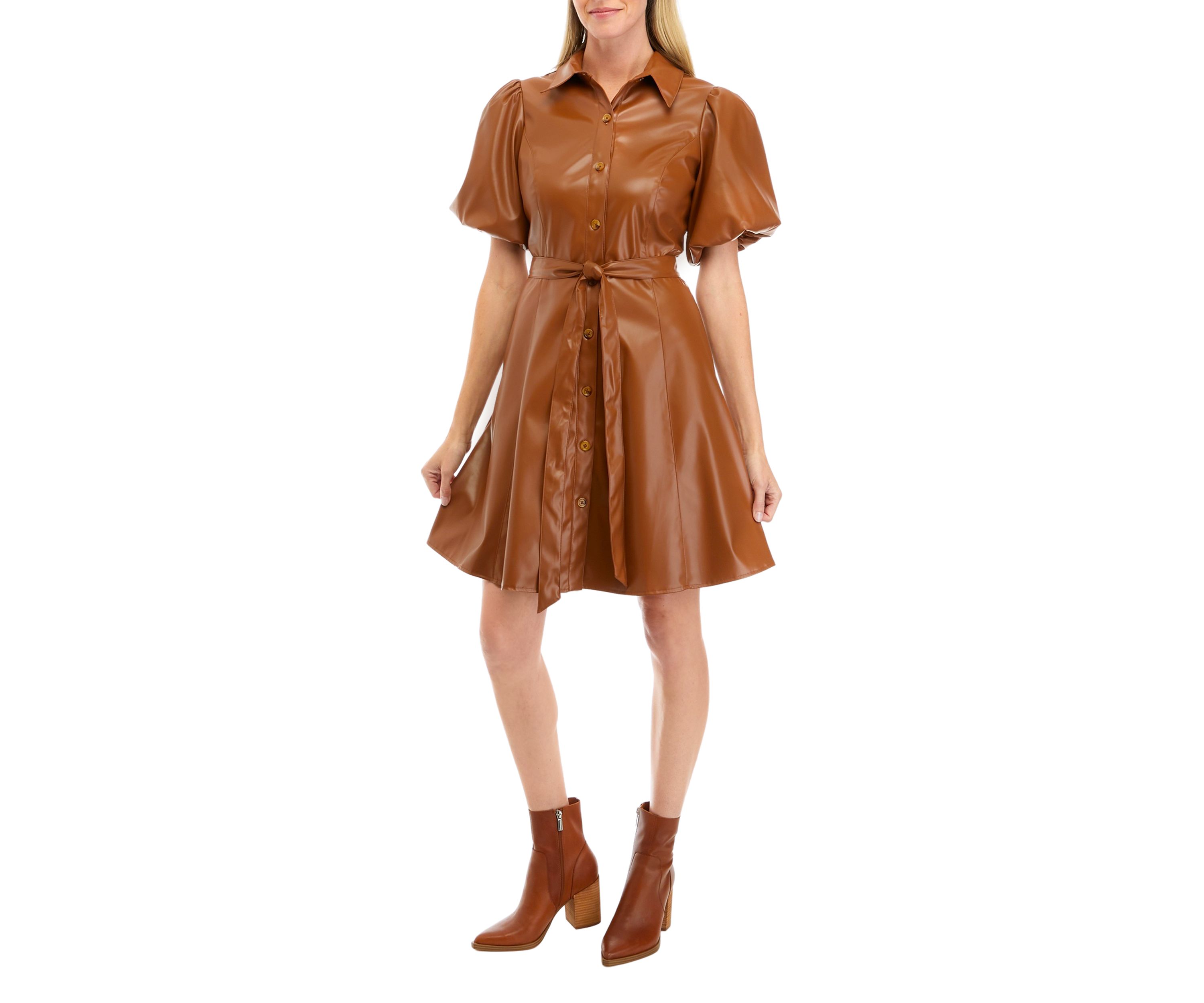 Womens Puff Sleeve Faux Leather Dress