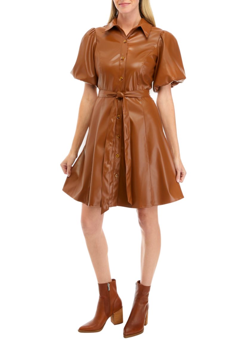 Womens Puff Sleeve Faux Leather Dress