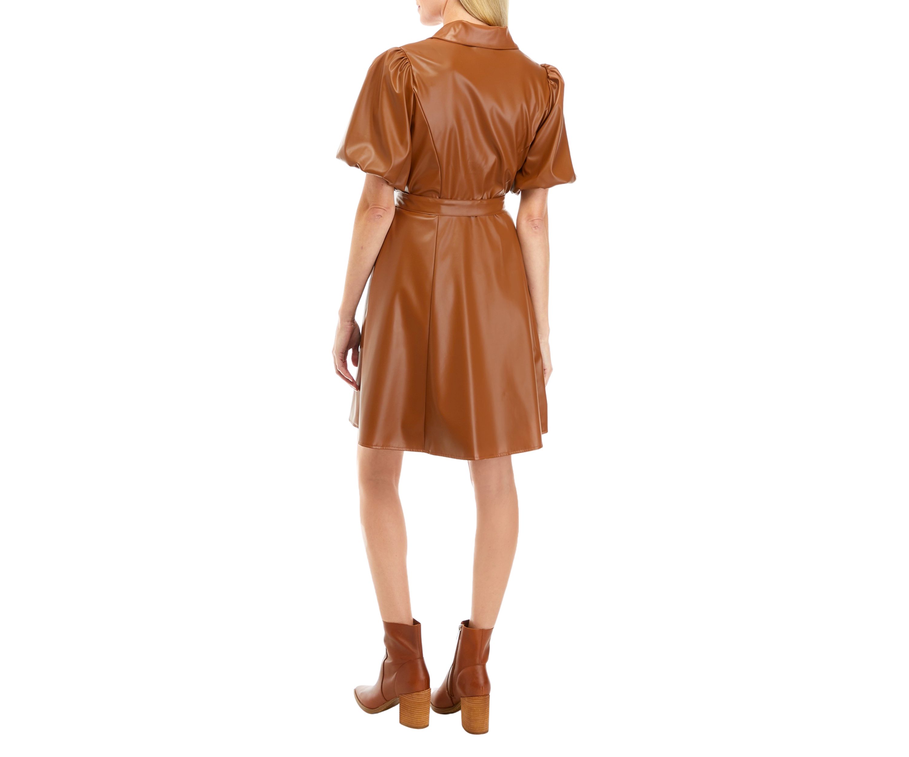 Womens Puff Sleeve Faux Leather Dress