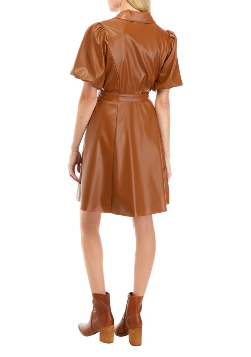 Womens Puff Sleeve Faux Leather Dress