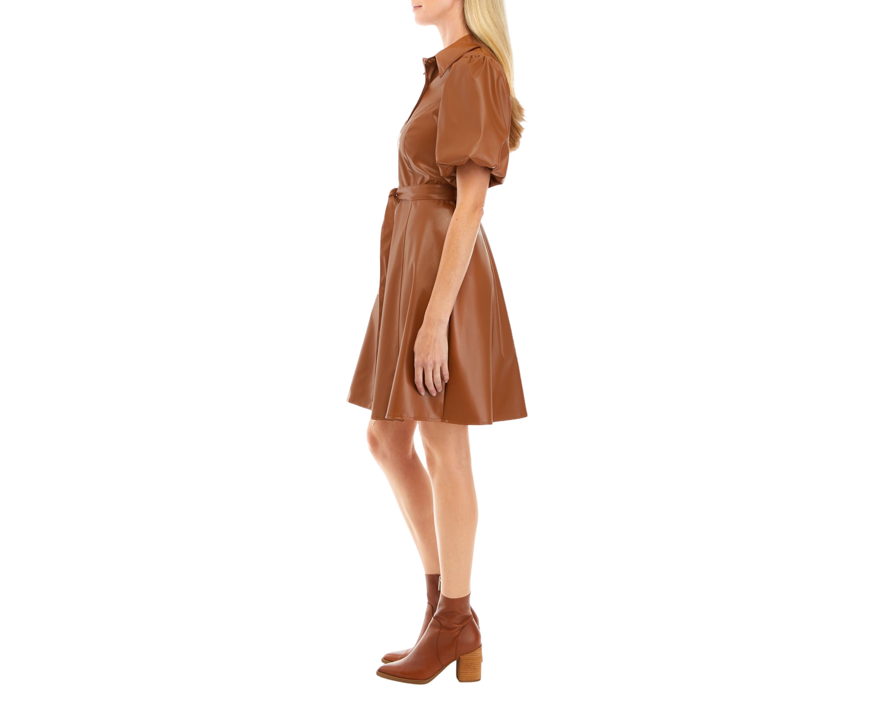 Womens Puff Sleeve Faux Leather Dress