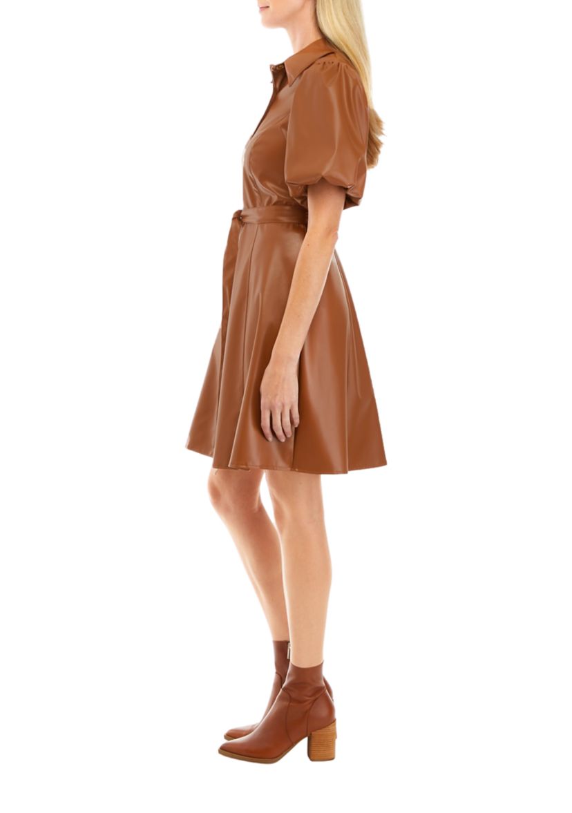 Womens Puff Sleeve Faux Leather Dress