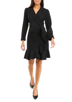 Women's Long Sleeve Ruffle Hem Solid Crepe Coat Dress