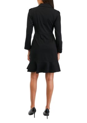 Women's Long Sleeve Ruffle Hem Solid Crepe Coat Dress