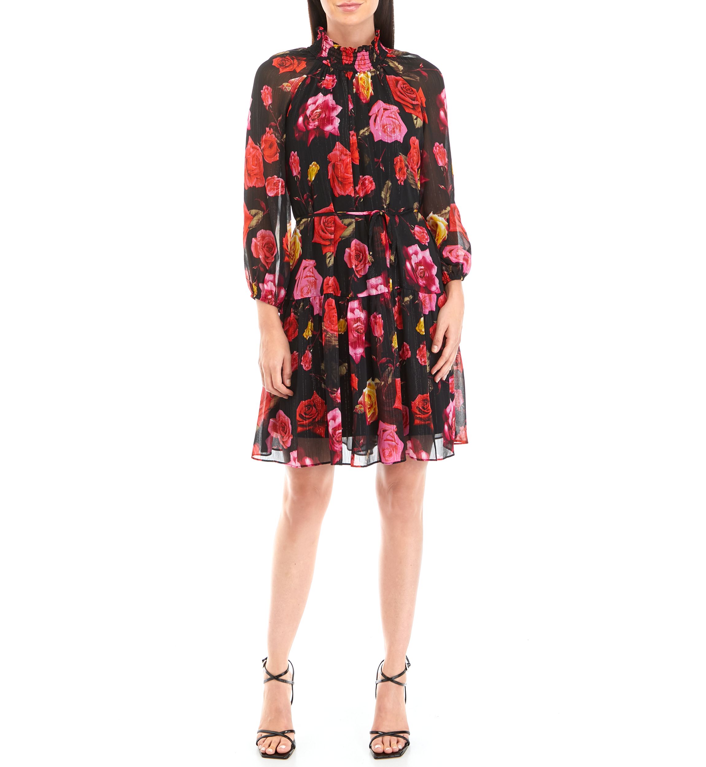 Womens Long Sleeve Tie Waist Floral A-Line Dress 