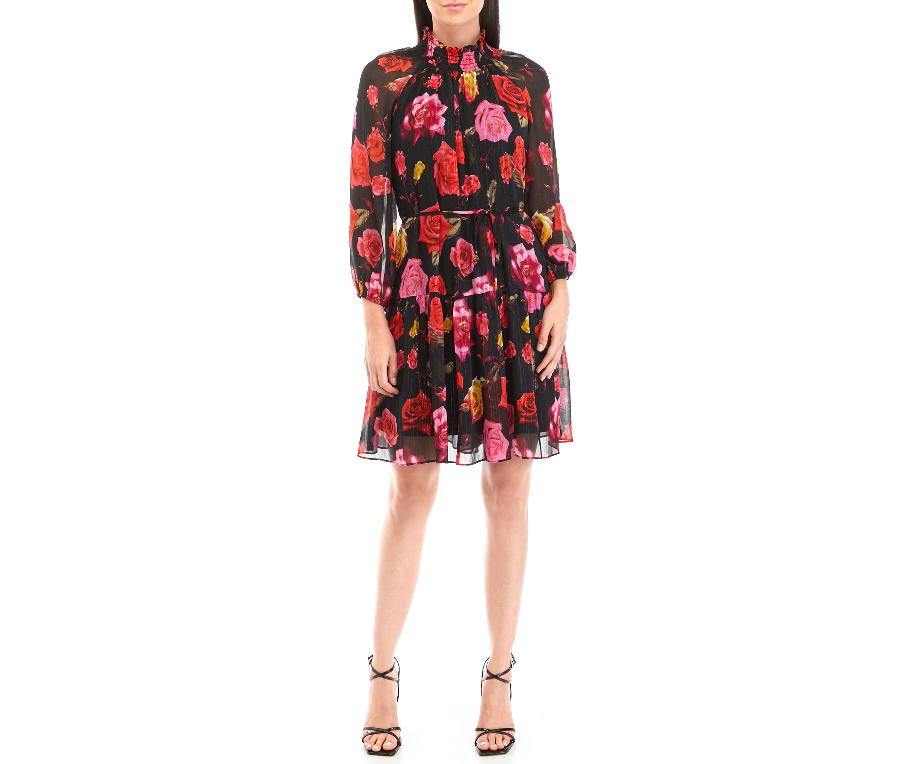 Womens Long Sleeve Tie Waist Floral A-Line Dress 