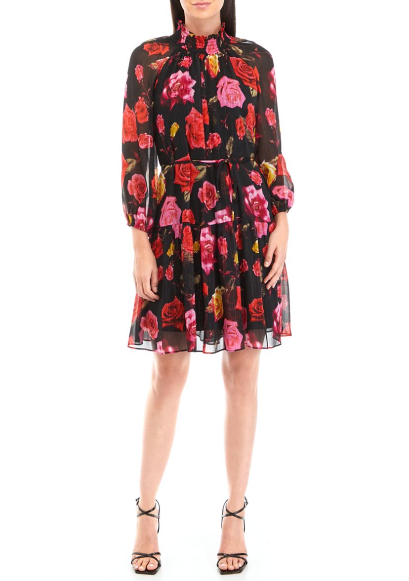 Womens Long Sleeve Tie Waist Floral A-Line Dress 
