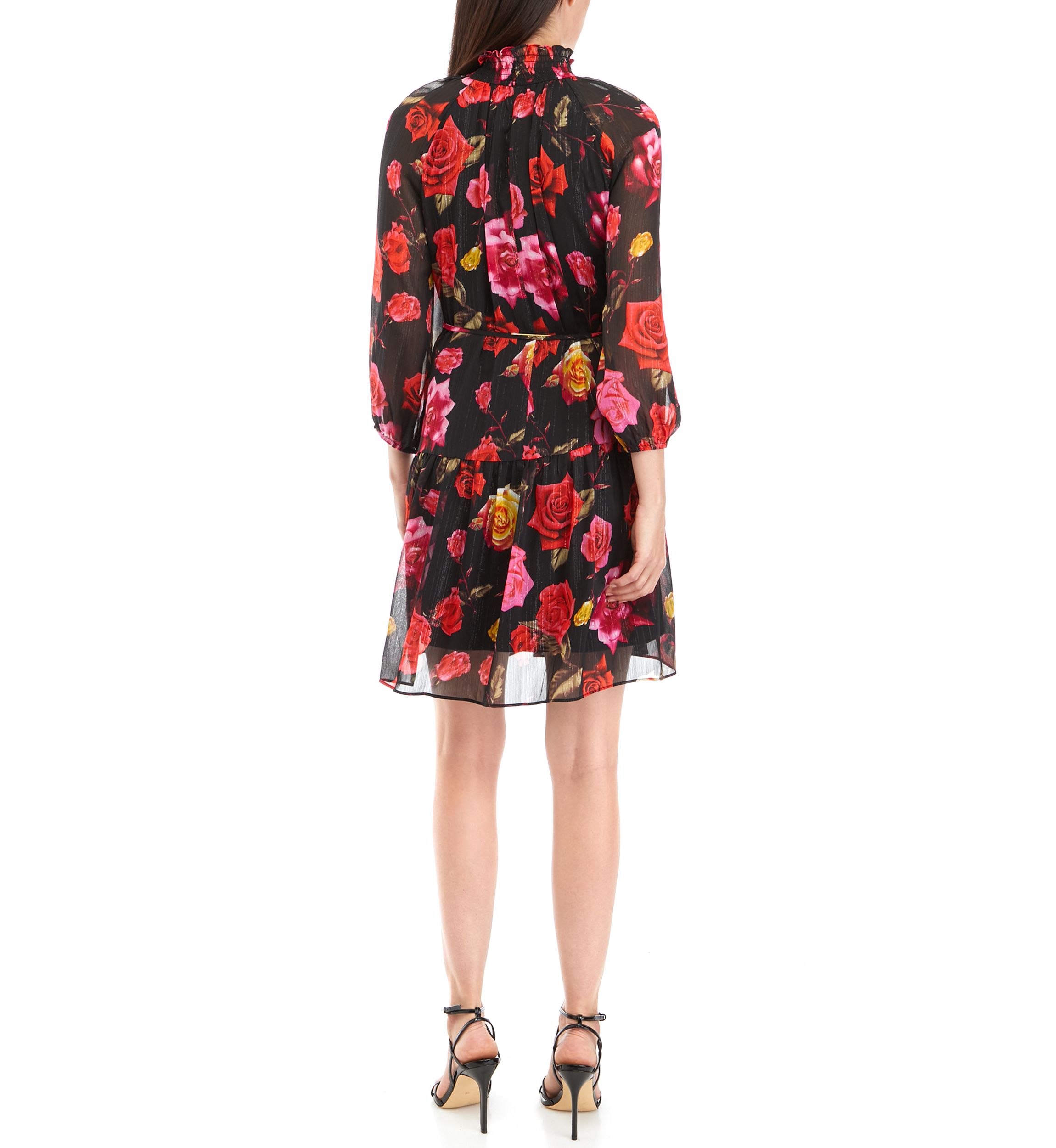 Womens Long Sleeve Tie Waist Floral A-Line Dress 