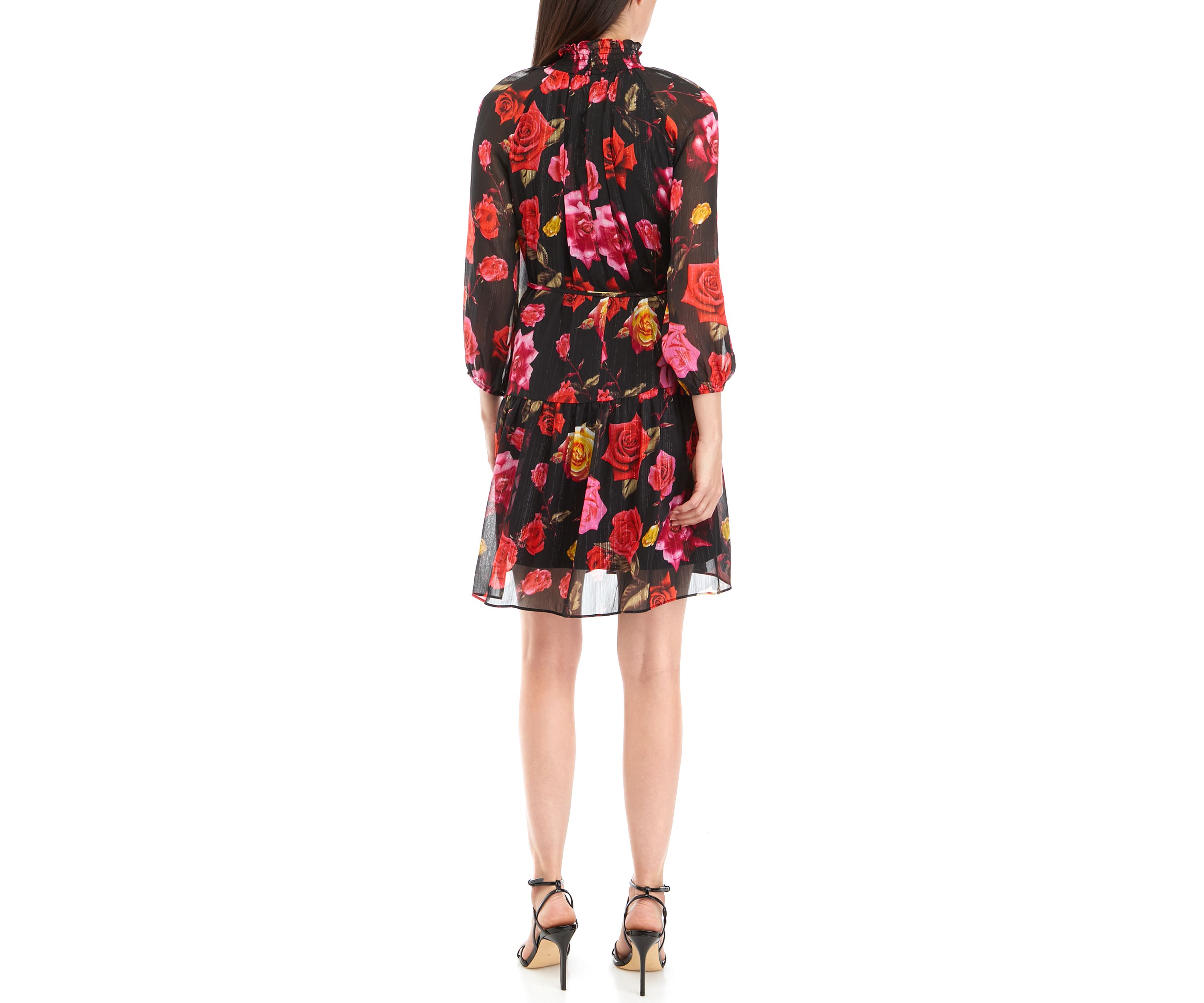 Womens Long Sleeve Tie Waist Floral A-Line Dress 